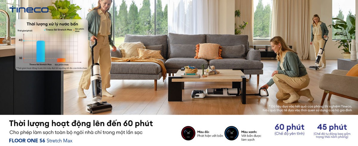 Cây hút bụi lau nhà Tineco Floor One S6 Stretch Max, Lực hút 22 000Pa