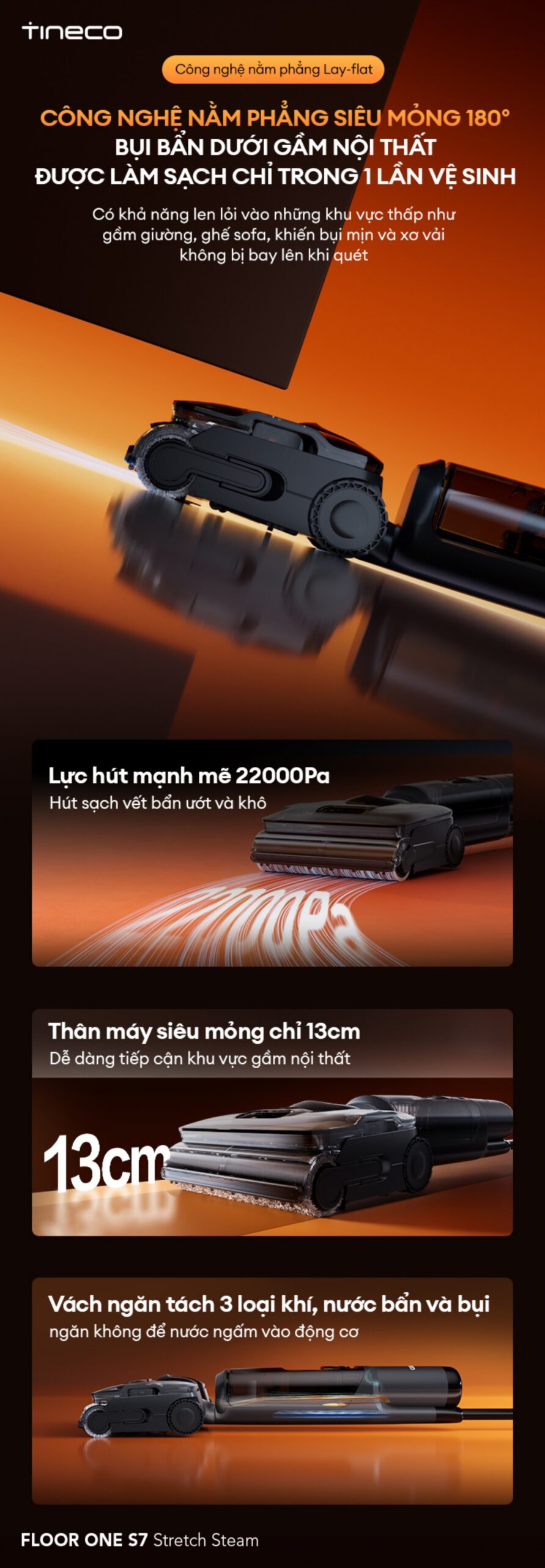 Cây hút bụi lau nhà Tineco Floor One S7 Stretch Steam, Lực hút 22 000Pa