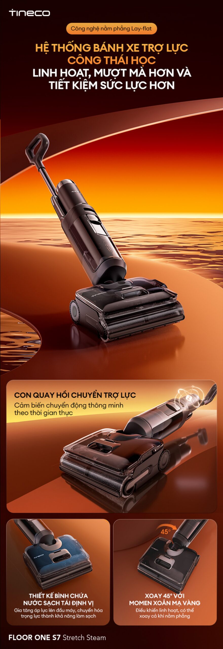 Cây hút bụi lau nhà Tineco Floor One S7 Stretch Steam, Lực hút 22 000Pa