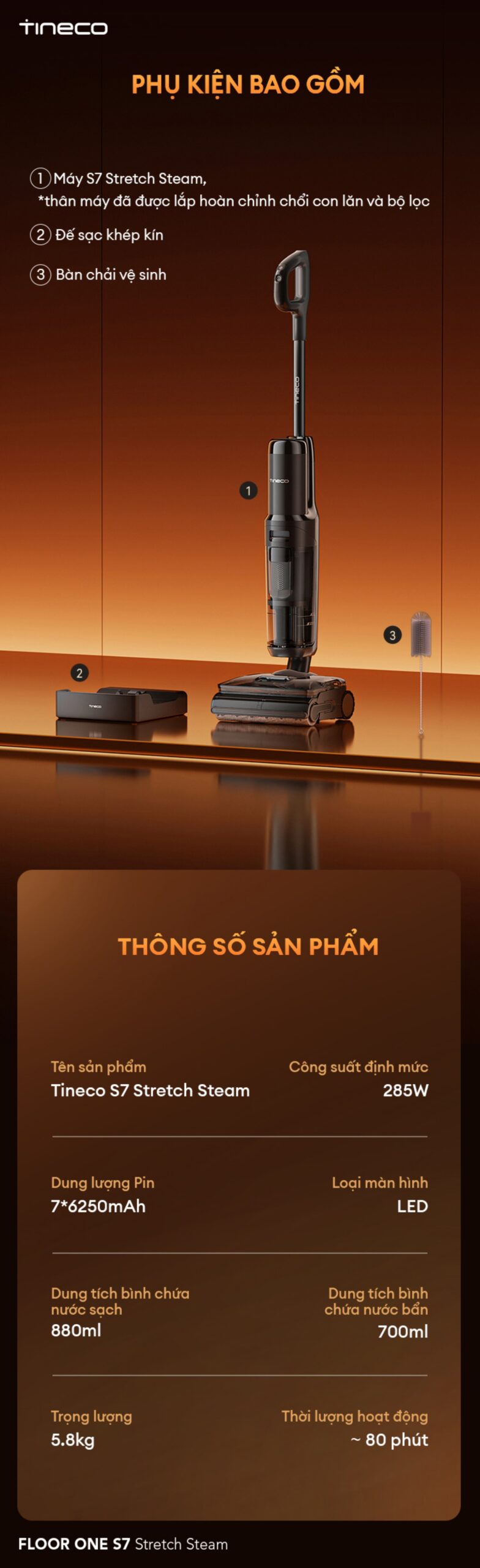Cây hút bụi lau nhà Tineco Floor One S7 Stretch Steam, Lực hút 22 000Pa