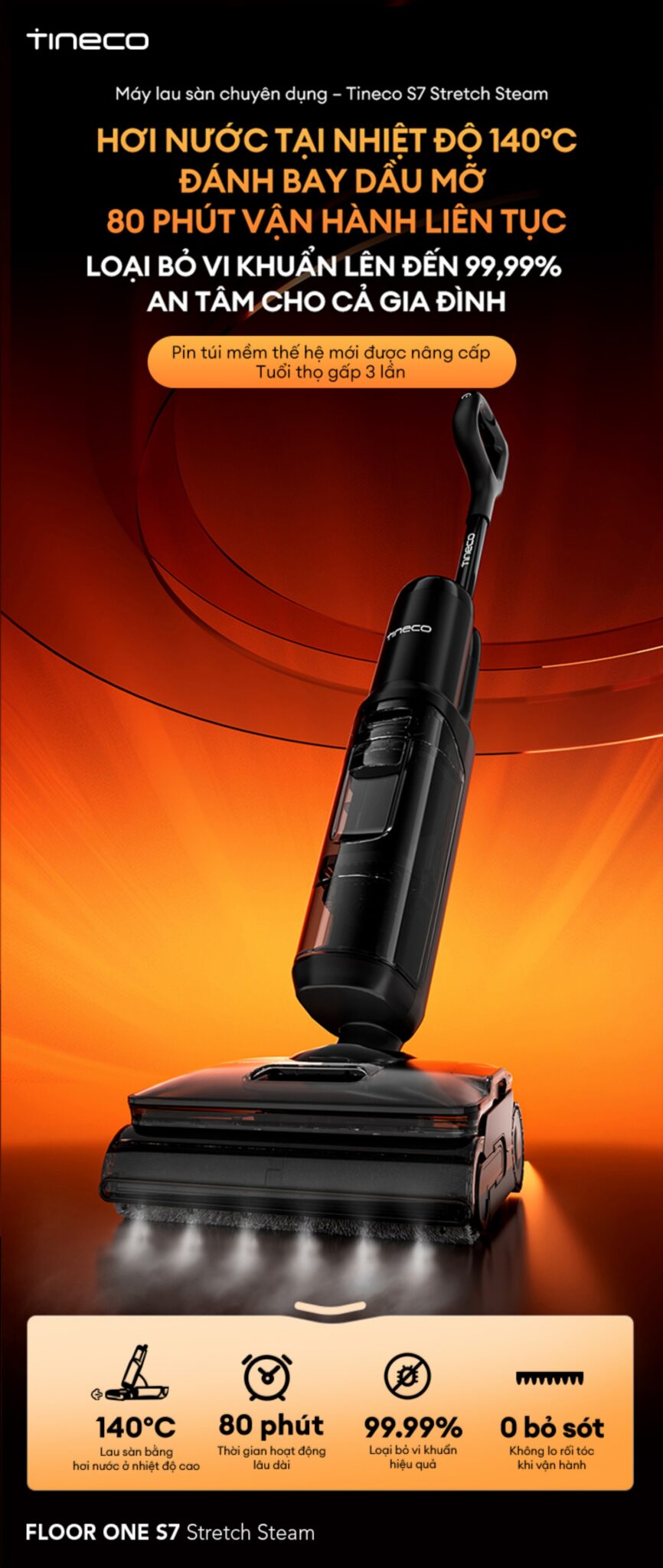 Cây hút bụi lau nhà Tineco Floor One S7 Stretch Steam, Lực hút 22 000Pa