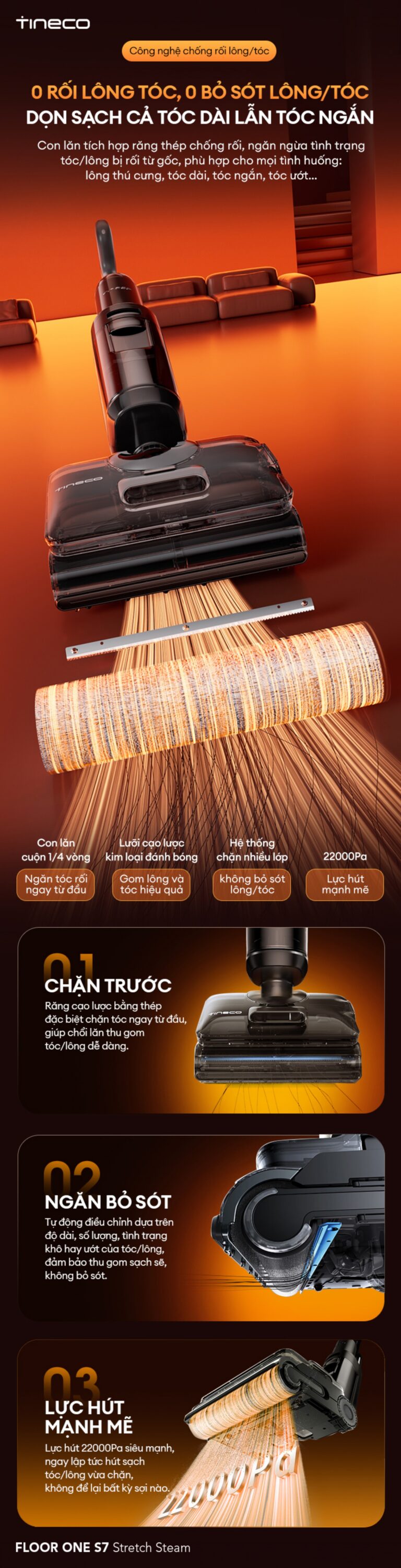 Cây hút bụi lau nhà Tineco Floor One S7 Stretch Steam, Lực hút 22 000Pa