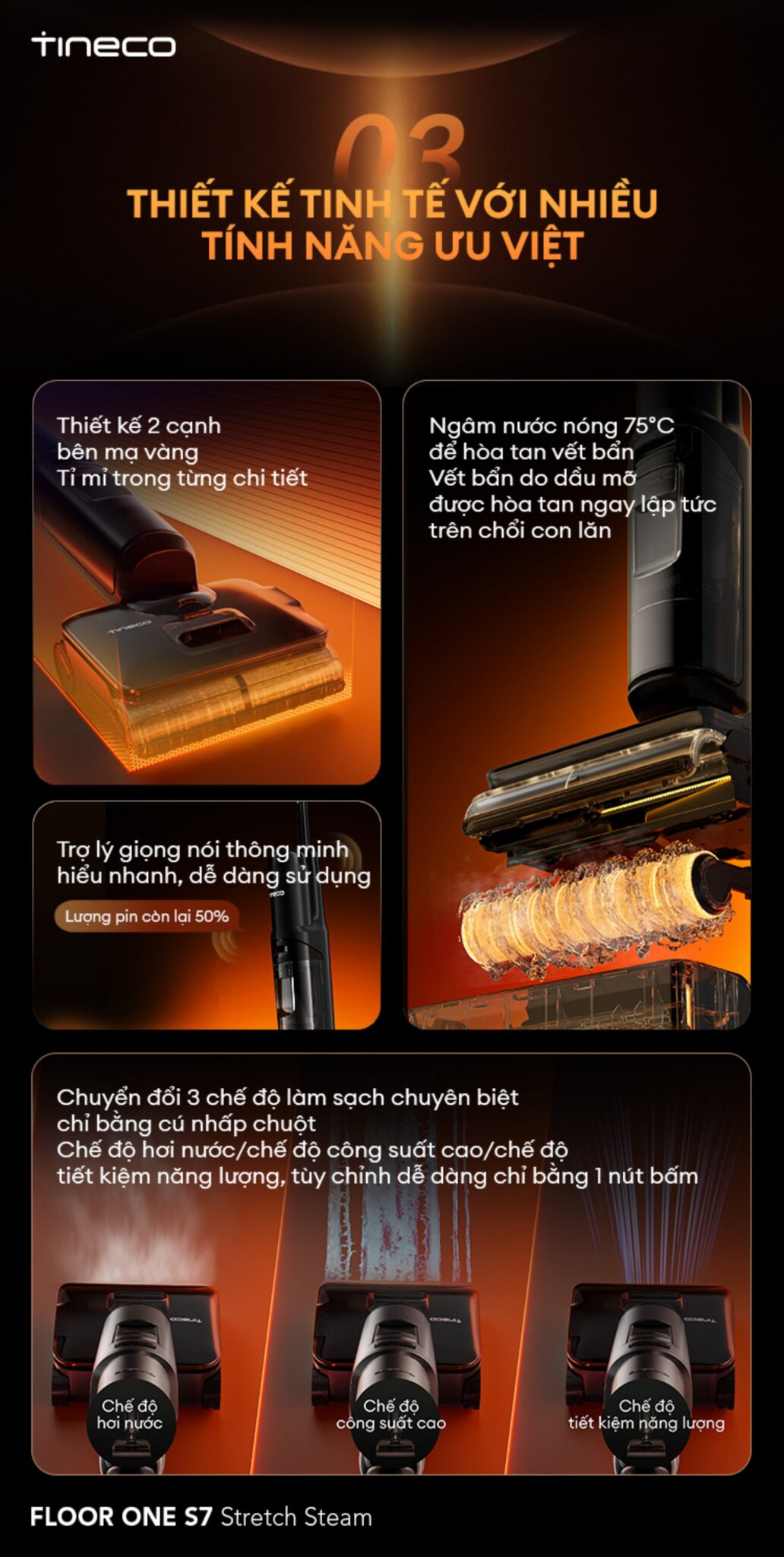 Cây hút bụi lau nhà Tineco Floor One S7 Stretch Steam, Lực hút 22 000Pa