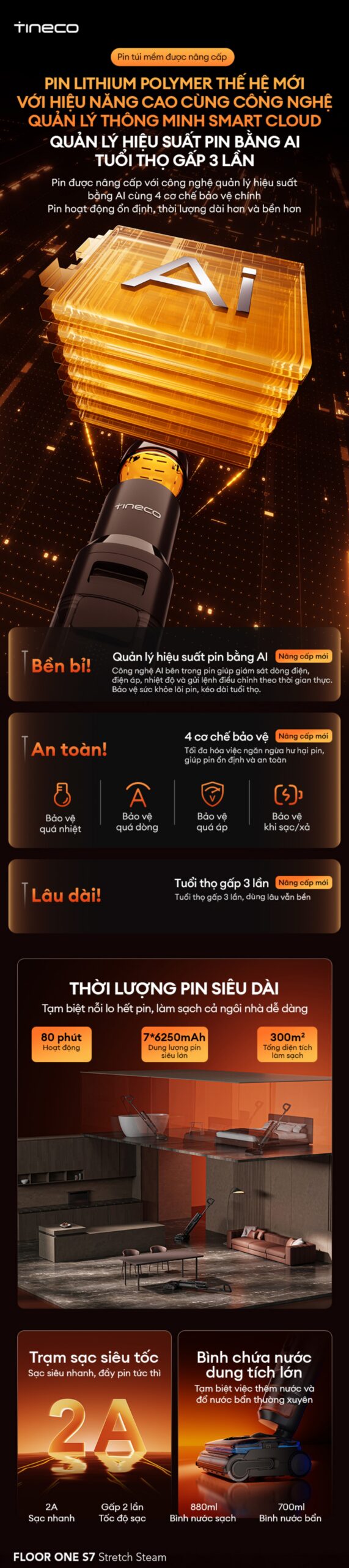 Cây hút bụi lau nhà Tineco Floor One S7 Stretch Steam, Lực hút 22 000Pa