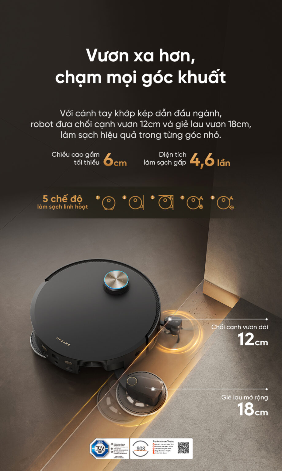 Robot hút bụi lau nhà Dreame X60 Ultra Extreme, Lực hút 42 000Pa