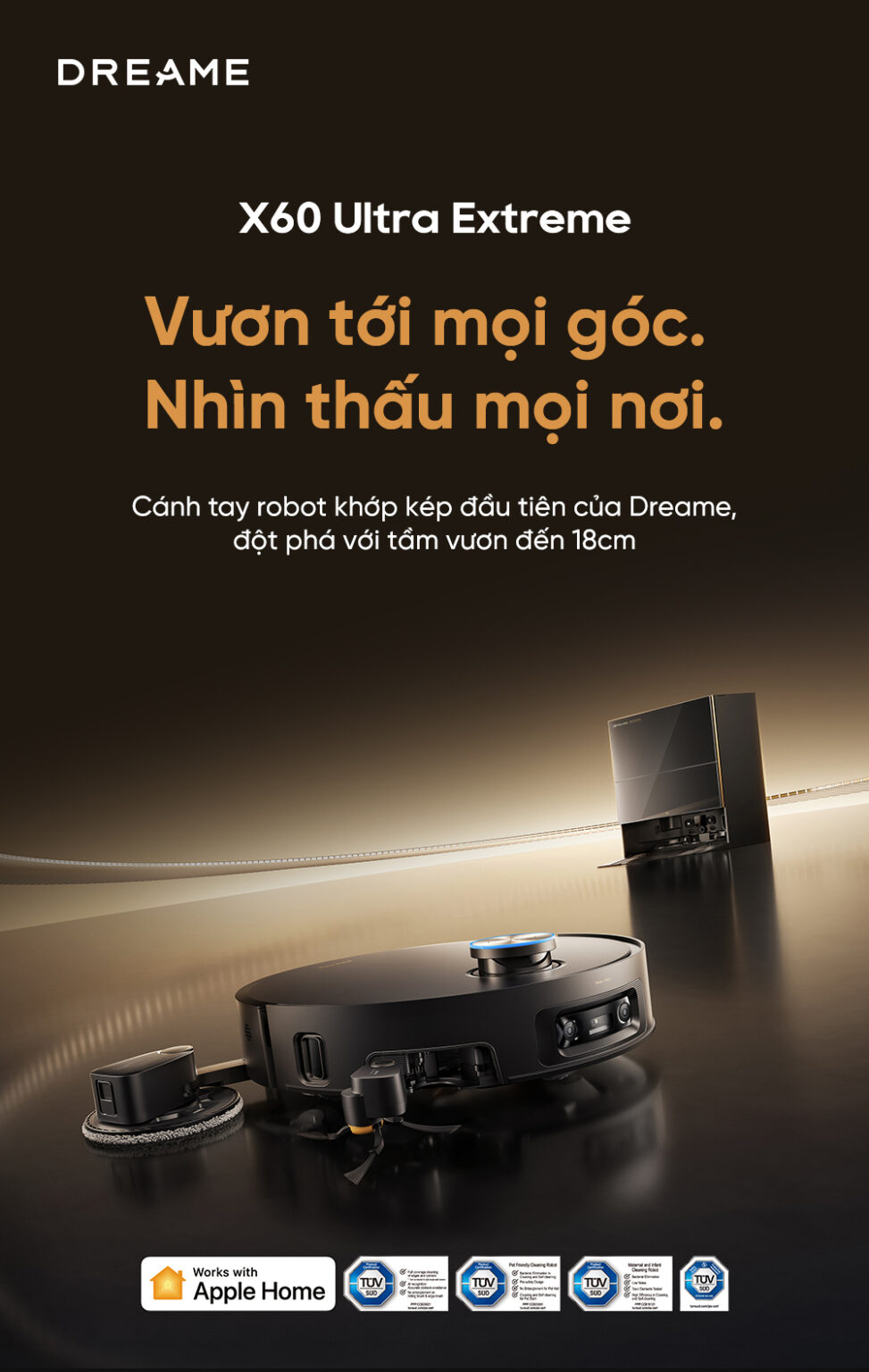 Robot hút bụi lau nhà Dreame X60 Ultra Extreme, Lực hút 42 000Pa