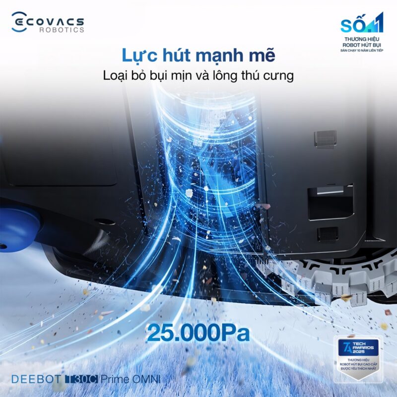 Robot hút bụi lau nhà Ecovacs Deebot T30C Prime Omni, Lực hút 25 000Pa