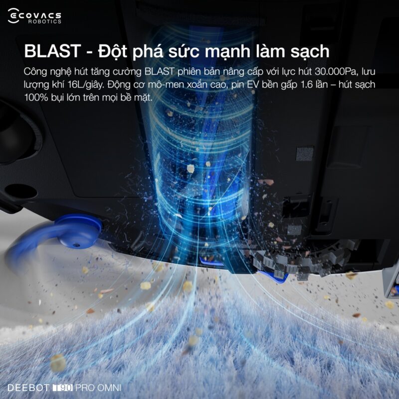 Robot hút bụi lau nhà Ecovacs Deebot T90 Pro Omni, Lực hút 30 000Pa