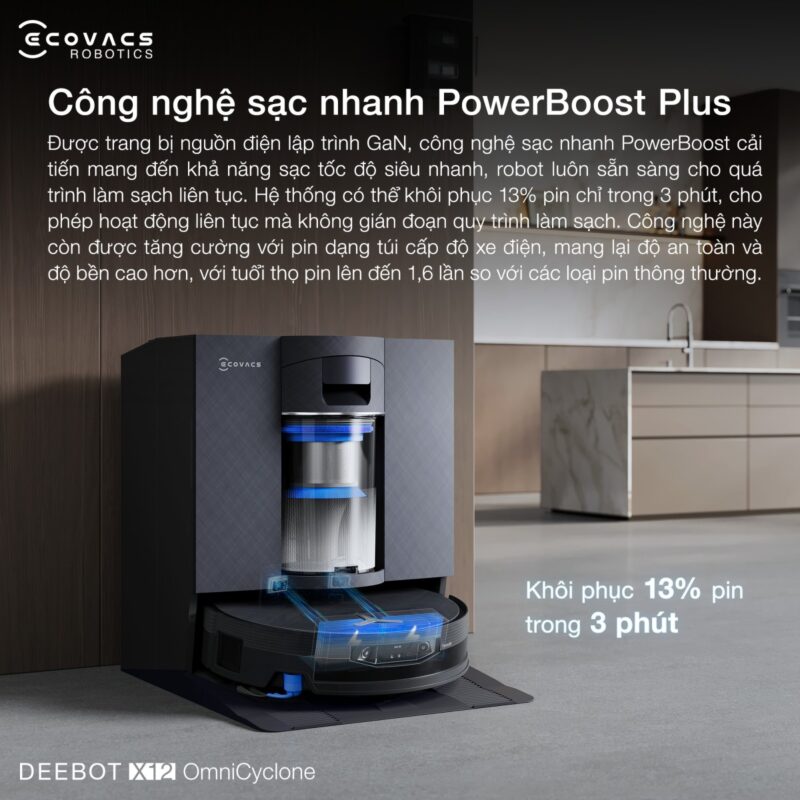 Robot hút bụi lau nhà Ecovacs Deebot X12 OmniCyclone, Lực hút 22 000Pa