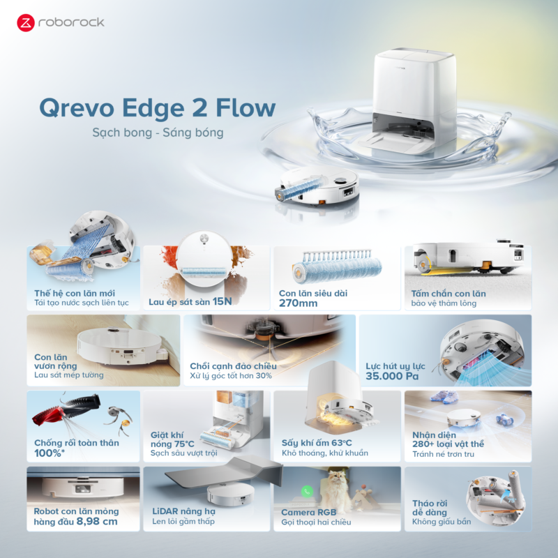 Robot hút bụi lau nhà Roborock Qrevo Edge 2 Flow, Lực hút 35 000Pa