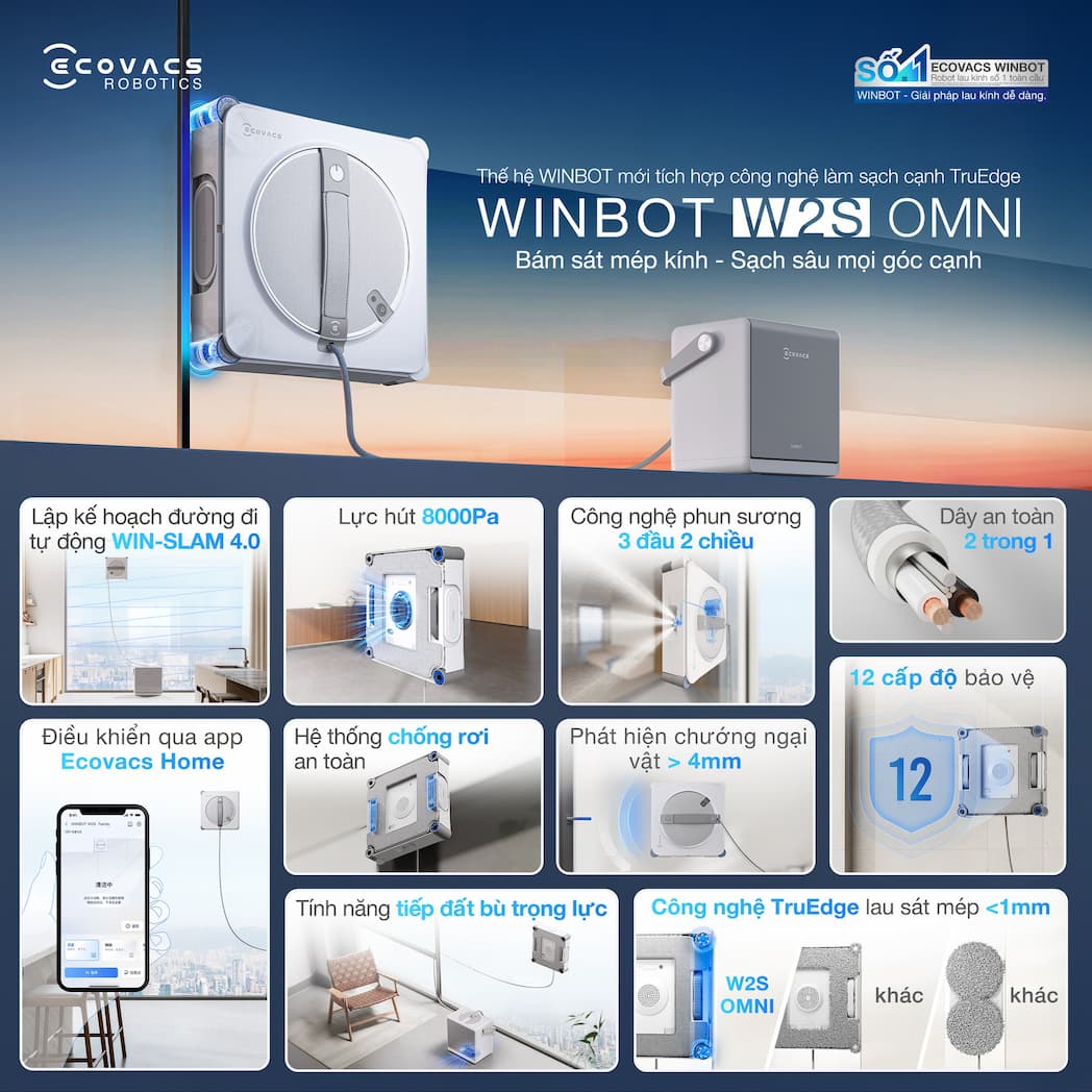 Robot lau kinh Ecovacs Winbot W2S phun sương 3 đầu phun 2 chiều