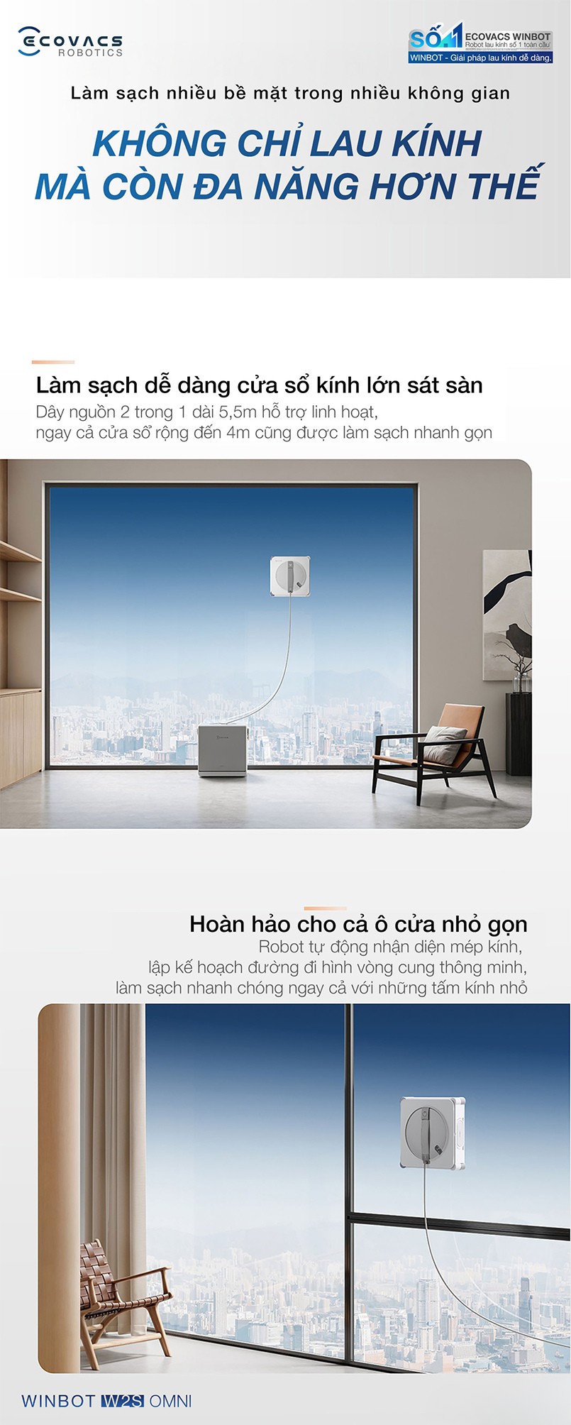 Robot lau kinh Ecovacs Winbot W2S phun sương 3 đầu phun 2 chiều