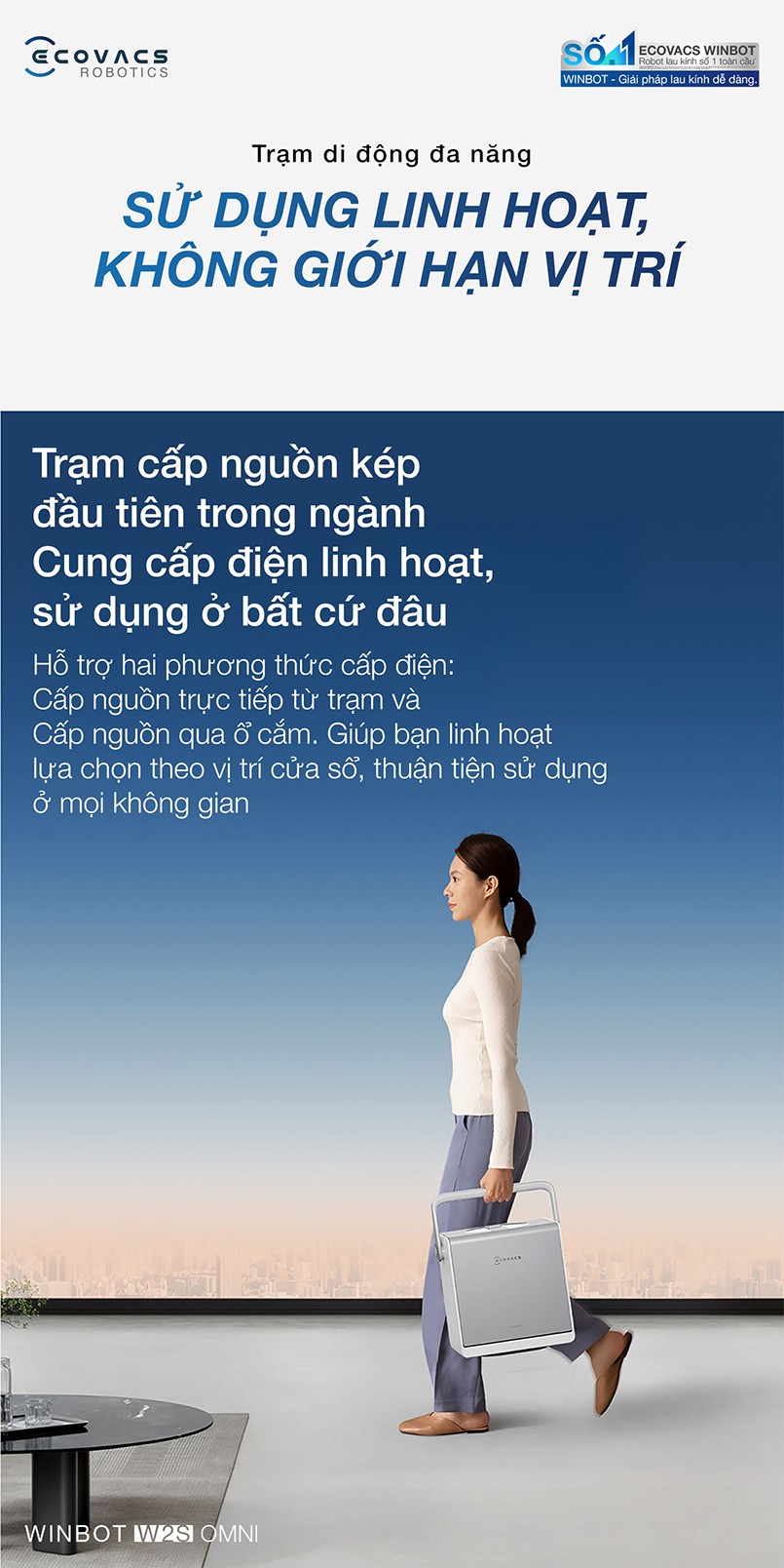 Robot lau kinh Ecovacs Winbot W2S phun sương 3 đầu phun 2 chiều