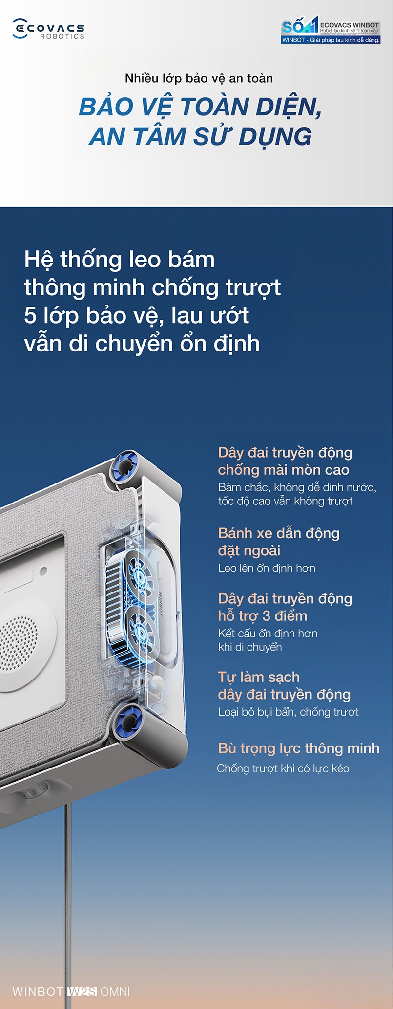 Robot lau kinh Ecovacs Winbot W2S phun sương 3 đầu phun 2 chiều