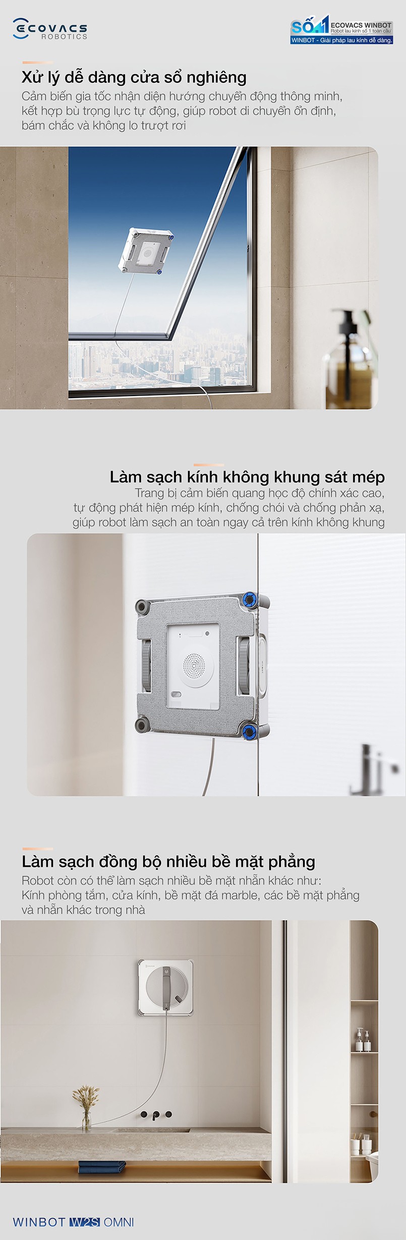 Robot lau kinh Ecovacs Winbot W2S phun sương 3 đầu phun 2 chiều