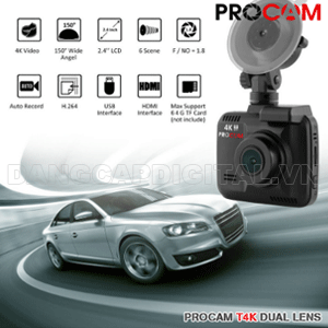 Camera hành trình Procam T4K Dual Lens, camera kép, quay 4K
